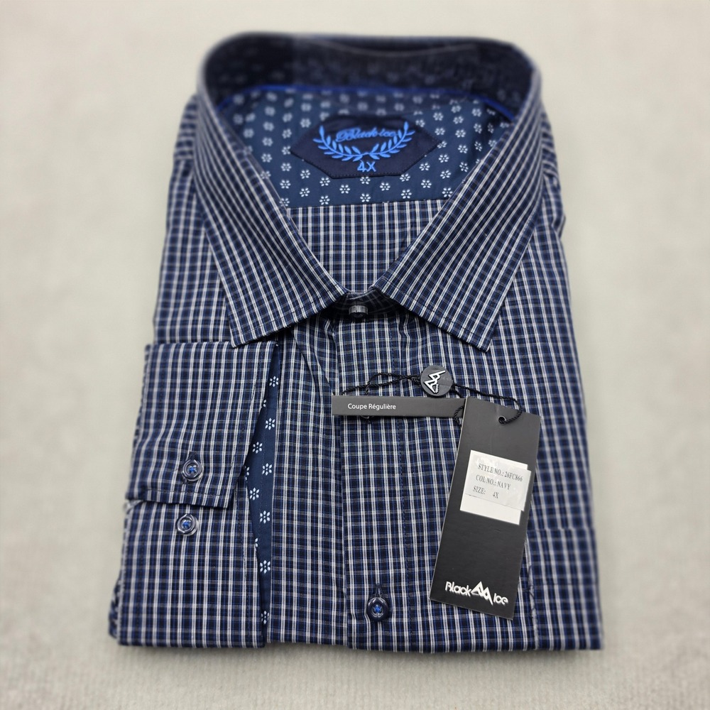 Black Ice Dress Shirt Men 4X Navy Plaid Regular Fit Long Sleeve 26FC866 NWT